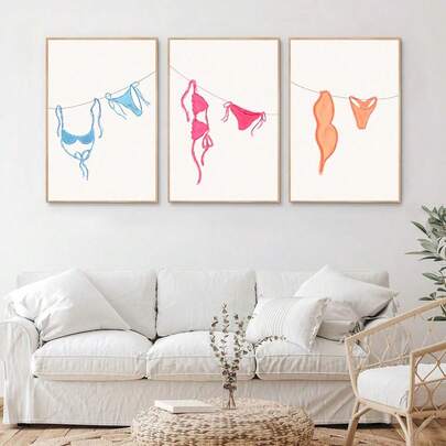 3 件套比基尼艺术印刷品、海滩海报、沿海女牛仔壁画、海滩印刷品、宿舍和公寓装饰帆布画节日和生日礼物、办公室装饰布置艺术品可选框架﻿