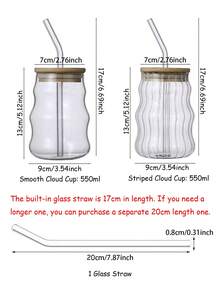 1 PC 550ml Creative Shaped Glass Cup, Aesthetic Drinking Glass With Bamboo Lid And Straw, Water Cup, Iced Coffee Cup, Juice Cup, Milk Tea Boba Cup, Reusable Tumbler, Summer Beverage Glassware, Bamboo Lid Cup, Ideal For Home, Office, Party, Birthday Housewarming Gift, Ribbed/Smooth Style - Multicolor - View 3