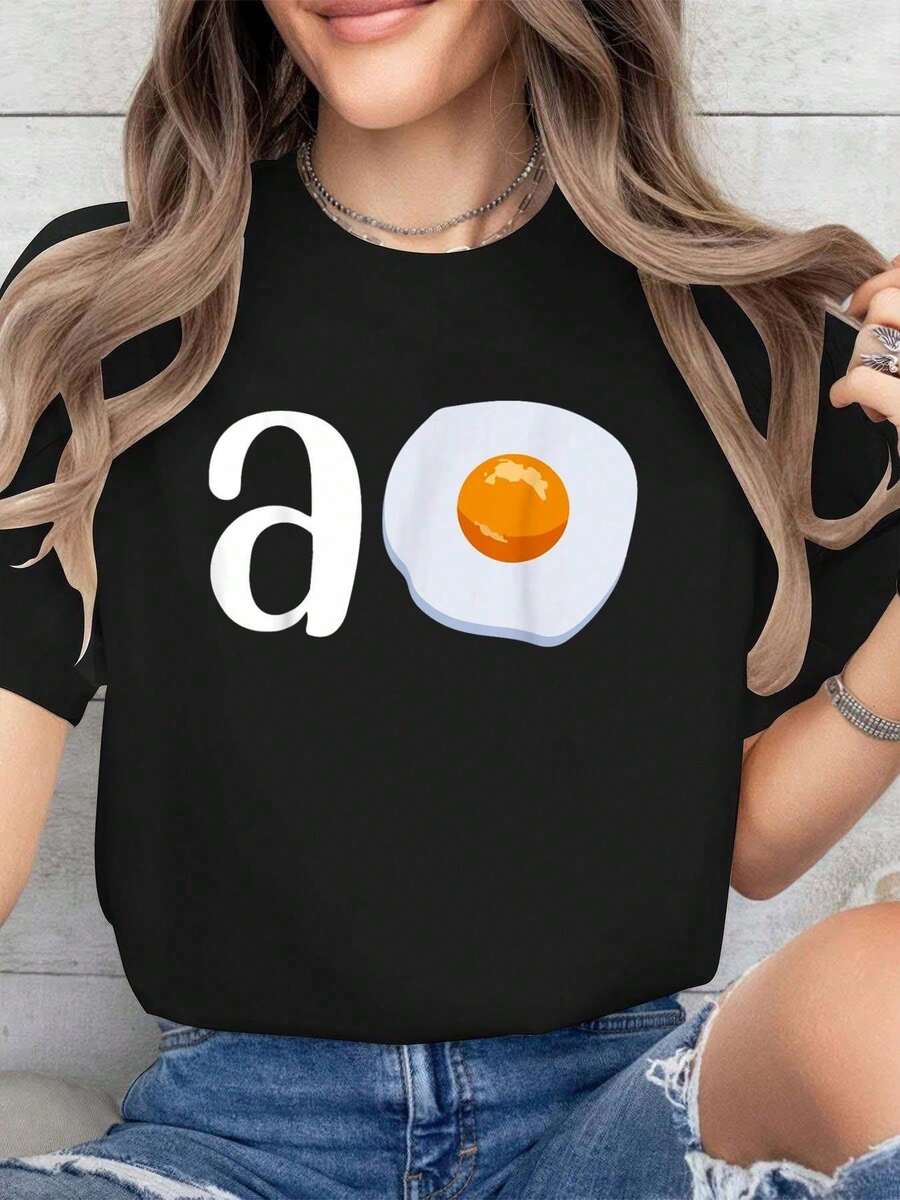 A Huevo Humorous Spanish Slang For Mexicans & Spaniards Cotton Printed T-Shirt Women'Casual Short Sleeve Crew Neck T-Shirts - 黑色 - 查看 1