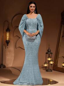新款时尚高端优雅奢华亮片蕾丝拼接雪纺披肩袖女士美人鱼尾长裙，正式晚礼服，适合宴会、派对、红毯、婚礼宾客、新娘、情人节等场合。 - 淺藍色 - 查看 6