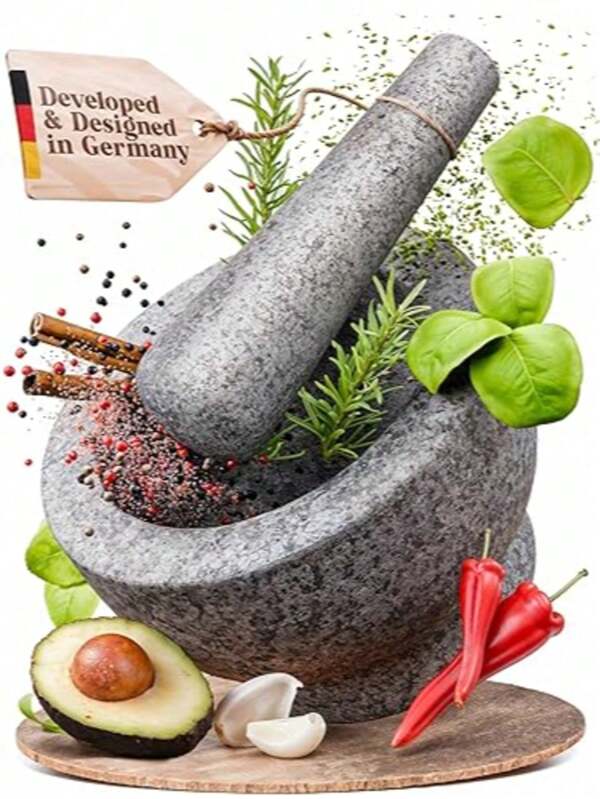2 pièces Set de mortier et pilon, broyeur d'ail de cuisine, moulin à épices et herbes manuel avec moulin à poivre tacheté de noir. Outils de cuisine et d'assaisonnement essentiels pour moudre les épices, les noix, les céréales et les compléments alimentaires pour la maison et le restaurant