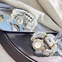 1pc Women's Double Strand Pearl Elastic Crystal Inlaid Alloy Casing Arabic Numeral Dial Casual Quartz Watch