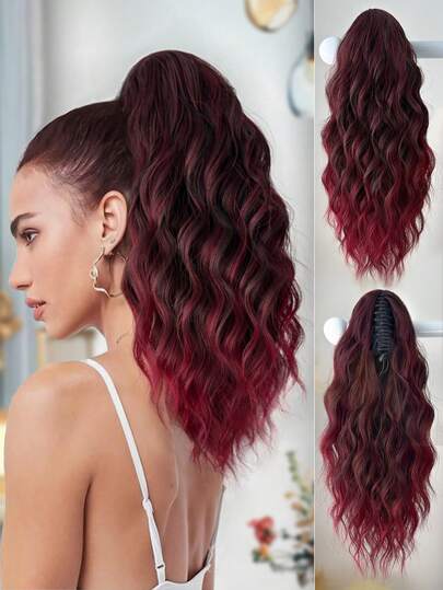 16 Inch Brown With Burgundy Curly Ponytail Wig, Heat Resistant Fiber
