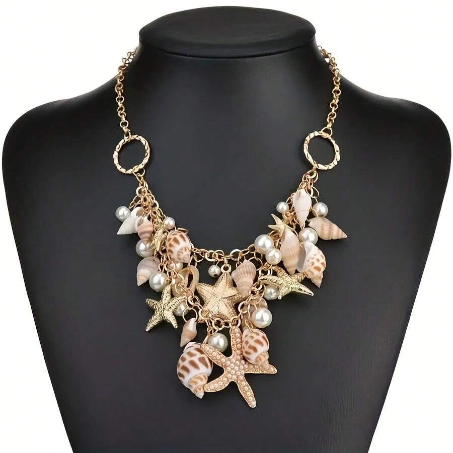 1 pièce Collier polyvalent d'été avec étoile de mer et coquillage, bijou de plage bohème