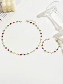 2pcs Fashionable Versatile Elegant Colorful Crystal Necklace And Rainbow Color Bracelet Set, Suitable For Dailywear, Gathering, Party, Festival Gift - Crystal Color Sequence Random