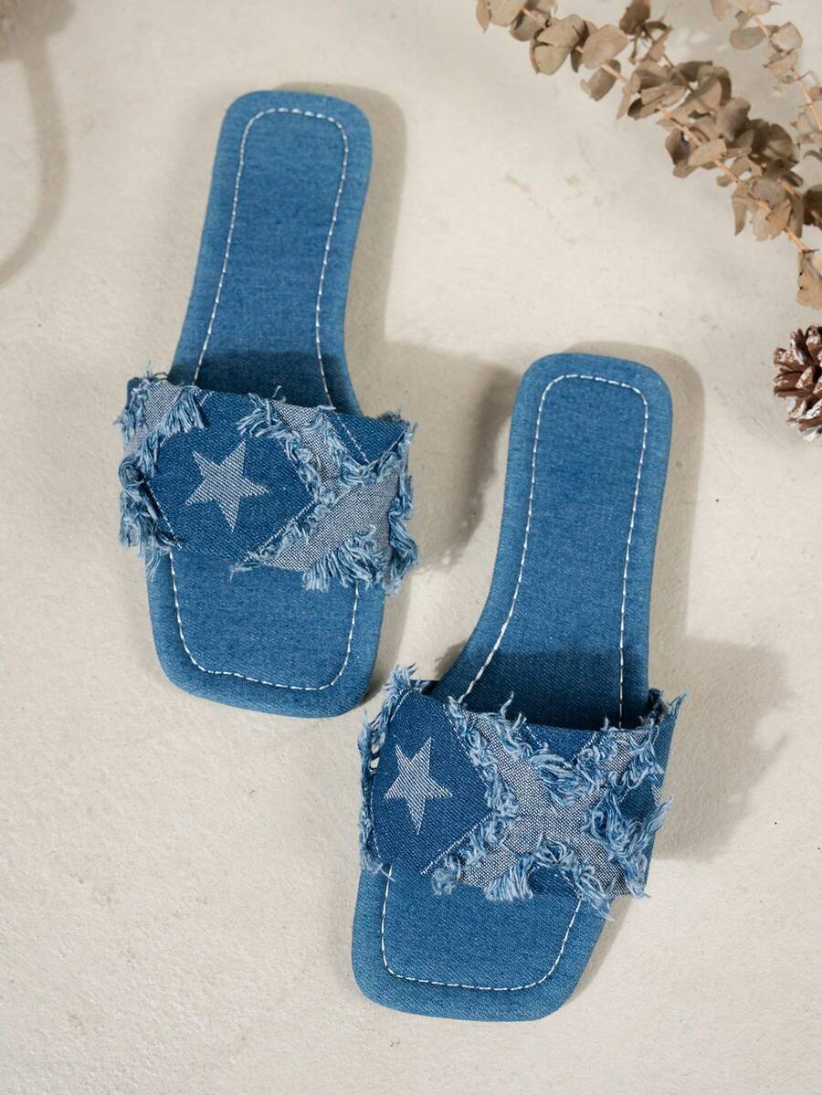 Women's Fashion Flat Sandals With Square Toe, Versatile Slip On Flat Sandals For Spring And Summer - Blue - View 1