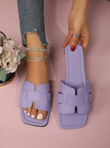 Women's Spring Summer Casual Sandals | Purple Embossed Cross Strap Square Toe Flat Slippers | Ripped Jeans & Floral Dresses Friendly | Versatile Beach Shoes ( Size 35-43 )