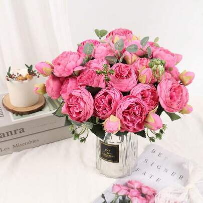 1PC Romantic Silk Peony Bouquet Artificial Flowers Plastic Centerpieces Fake Plants Plastic For Spring Autumn Wedding Vase Arrangement For Mother's Day/Father's Day/Festival Birthday/Party Accessories/Wedding/Room/Home/Kitchen/Bedroom/Living Room/Table Decoration/Bride's Bouquet/Outdoor Garden Decorations