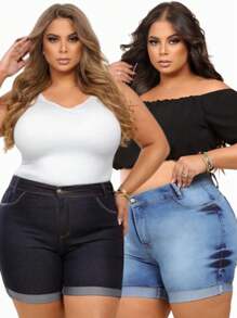 Kit 2 Bermudas Plus Size Feminina Jeans Meia Coxa Com Lycla (Elastano)