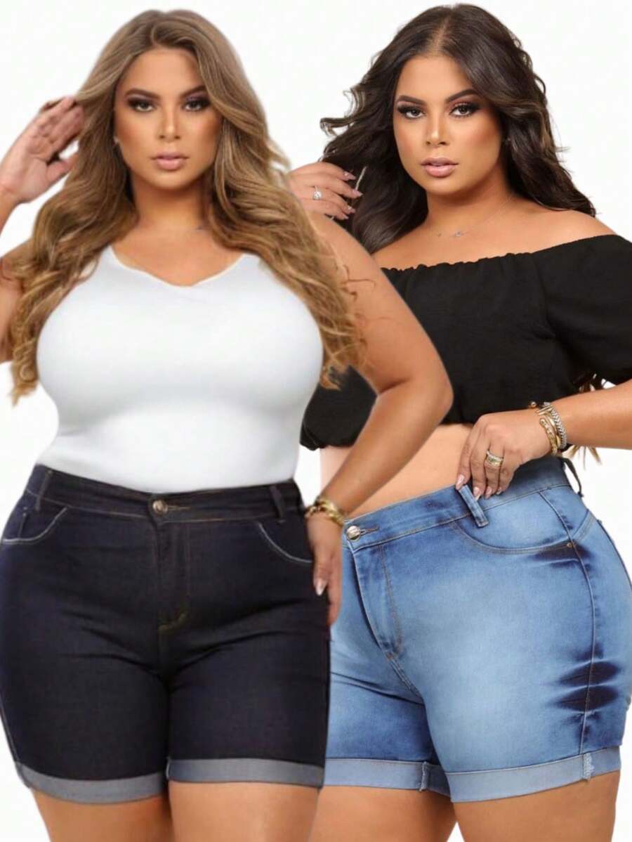 Kit 2 Bermudas Plus Size Feminina Jeans Meia Coxa Com Lycla (Elastano)