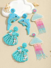 2 件波西米亚风格手工串珠海洋元素女士耳坠，夏季海洋风格手工米珠贝壳水母海豚耳环，适合海滩度假 - 海洋生物 - 查看 3