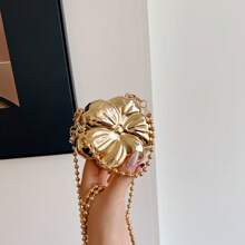 1pc New Mini Metal Makeup Bag, Electroplated Gold Coin Purse, Shiny Avant-Garde Metal Color Handbag, Beaded Chain Crossbody Bag, Flower Asymmetrical Handbag, Jewelry Pouch, Elegant Coin Purse