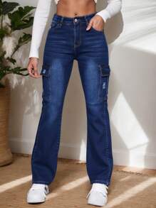 Jeans de Talle Alto en Azul - Estilo Bootcut con Bolsillos de Combate