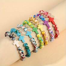 7 brazaletes bohemios de piedras de colores y cuentas, con diseño de cruz multifuncional, perfectos como accesorios casuales y de vacaciones (colores de cuentas aleatorios)