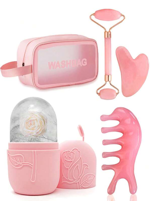 5 Pieces Ice Facial Roller - Facial Skin Care Ice Facial Roller Set, Facial Massage Tools, Silicone Ice Facial Roller, Jasper Comb, Clear PVC Storage Bag, Rose Quartz With Roller Massager And Gua Sha Board, For Relieving Face And Eye Puffiness, Facial Massager Contours And Enhances Skin Care And Glow, For Eyes, Neck And Face, Summer Ice Massage Products, Office Supplies School Supplies Travel Essentials.