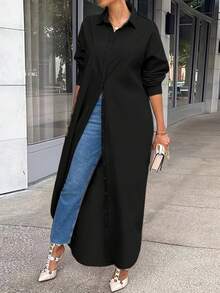 Elegant Women's Maxi Long-Sleeve Shirt Dress With Button Design Comfortable Loose Fit For Daily Office Wear All-Season Casual Style Garment Womenswear - 黑色 - 查看 2