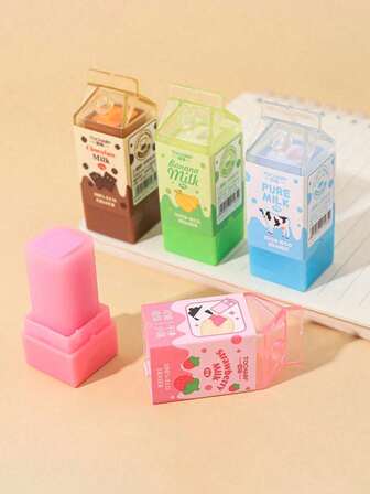 1pc/2pcs/4pcs Random Color Milk Shaped Erasers, Creative Stationery Cute Design Clean Eraser Fun Stationery Small Cute Milk Erasers, Perfect Gift For Students, Graduation, Back To School, Birthdays