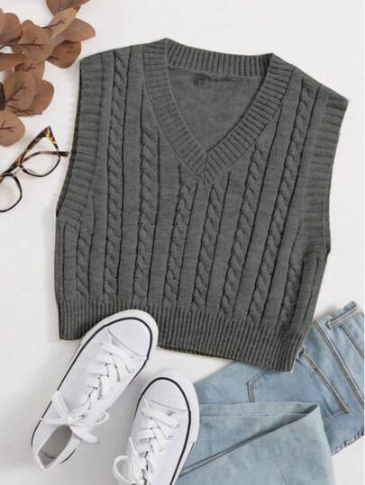 Colete Suéter de Malha Tricot Trança Decote em V