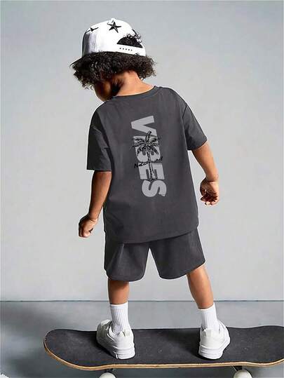 2pcs Set: Letter & Palm Tree Print Short Sleeve T-Shirt And Shorts Set For Boys