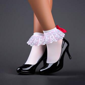 1 双性感女式天鹅绒 100D 蕾丝边短袜，黑色和红色蝴蝶结透明短袜