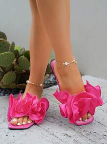 New Women's Black Spring/Summer Fashion Party & Vacation Ruffle Decor Platform Sandals, Outdoor Comfortable Versatile Square Toe Soft Flat Slippers