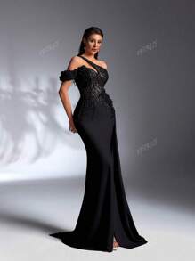IBTRLY Vestido maxi elegante para fiesta con escote asimétrico, decoración floral en 3D y volantes laterales