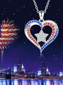1pc U.S. July 4th Independence Day Women's Rhinestone Heart Flag Pendant Necklace, Elegant & Fashionable Charm Choker Necklace
