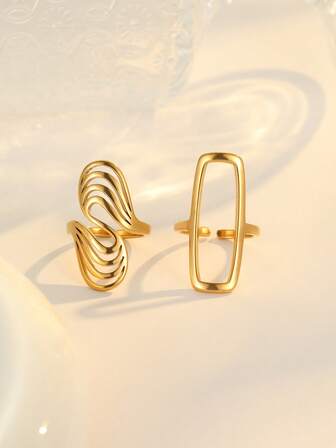 2pcs Stainless Steel Gold Rectangular & Oval Hollow Ring Set, Suitable For Women's Daily Decoration And Gift