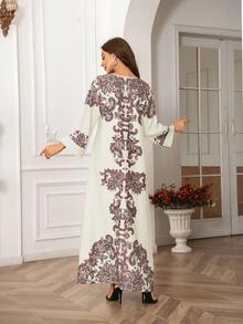 女士圆领长裙，常规剪裁，全身印花，超厚柔软四向弹力面料，常规袖，闪亮装饰，胸前铆钉，奢华优雅的阿拉伯风格 Jalabiya - 白色 - 查看 4