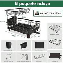 Lavavajillas de Acero Inoxidable de 2 Niveles para Encimeras de Cocina con Drenaje, Lavavajillas con Soporte para Tazas, Cubiertos, Tabla de Cortar y Alfombrilla de Secado - Negro-2 Niveles - Ver 10