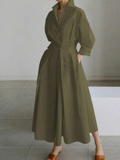 Spring And Summer New Style Solid Color Commuter Fashion V-Neck Waist Waist Large Swing Buttons