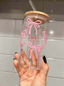 1 Pc Glass Cup Pink Bow 550ml ,Coffee Cup With Sealed Bamboo Lid And Straw, Christmas,Summer, Halloween,Suitable For Office And School, For Coffee, Tea, Beer, Juice, Hot And Cold Drinks, Smoothies, Etc,Reusable, Thermal Insulation, Used For Parties, Gatherings, Festivals, Thanksgiving,Teachers' Day, Holiday Gifts, A Gift For Mom, Lovers, Boyfriends And Girlfriends,Best Friend, Bride.