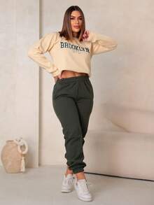 Women's Warm, Lined Sweatshirt And Sweatpants Set - xanh quân đội - Xem 5