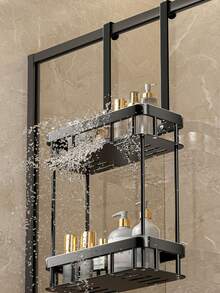 1pc 2 Tier Shower Hanging Organizer Shelf Rustproof, Shampoo Holder Bathroom Shelf Shower Basket For Dorm, Toilet, Bath, Matte Black Bathroom Accessories - Black - View 6