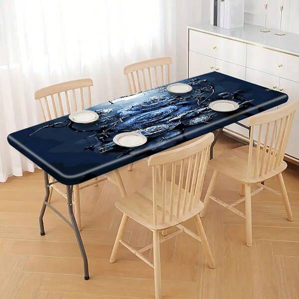 1pc, Outdoor Tablecloth With Elastic Edges, Lightweight And Washable, Elegant Luxury Blue Floral Rose Print Tablecloth/Table Cover, Suitable For Family Gatherings, Outdoor Picnics, Holiday Themed Parties, Indoor/Outdoor Use