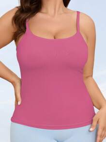 Women's Plus Size Casual Striped Tank Top With Round Neckline, High Elasticity, Knit Fabric, Pullover Style, With Bralette And Cup Inserts, All-Season Comfort