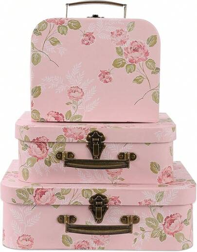 Set Of 3 Paperboard Suitcases Storage Box Storage Gift Boxes With Lids For Photo Storage Home Decoration, Wedding, Birthday, Anniversary And New Year Gift Decoration (3Pcs, Pink Flowers)Halloween