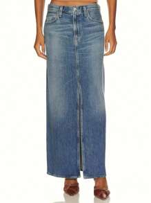 تنورة جينز متوسطة الطول ذات تصميم ممشق مع شق من النمط A-line وخصر عالٍ، موضة جديدة ربيع 2025 للملابس الرسمية والكاجوال متعددة الاستخدامات