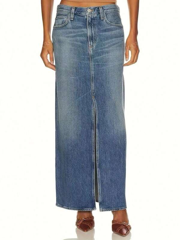 High-Waisted Slit Design Slimming Denim A-Line Mid-Length Skirt, 2025 Spring New Fashion Workwear And Casual Versatile