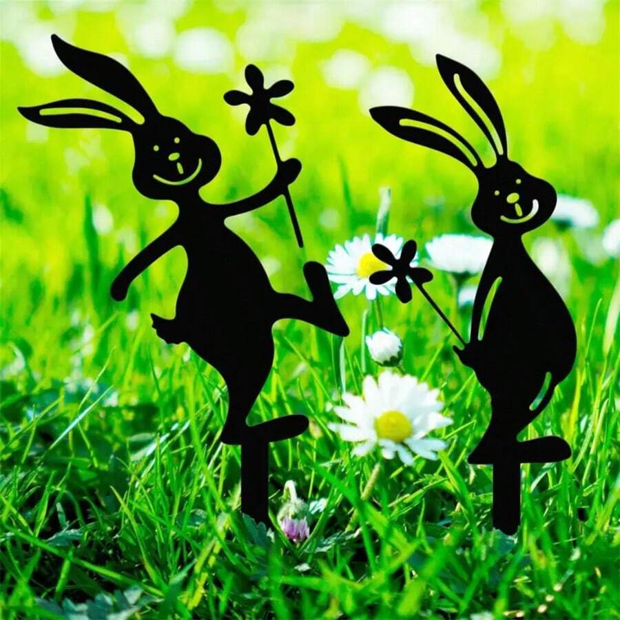 2pcs Black Lovely Rabbit Metal Stakes - Perfect For Outdoor, Lawn, And Yard Decor - Black - View 1