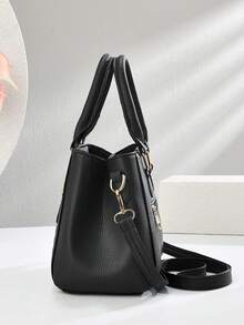 时尚刺绣简约百搭女士手提包，配有吊坠配饰 - 黑色 - 查看 2