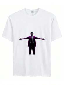 2025 Fashion Cotton T-Shirt- Bald Man In A Purple Suit Standing With Arms Stretched Out In Front Of A Red And White Abstract Background - White - View 1
