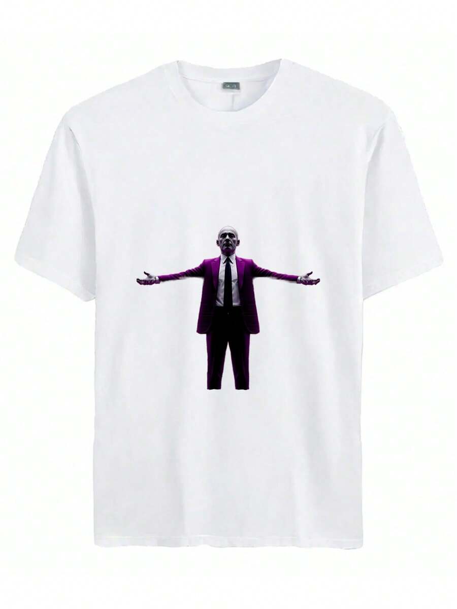 2025 Fashion Cotton T-Shirt- Bald Man In A Purple Suit Standing With Arms Stretched Out In Front Of A Red And White Abstract Background - White - View 1