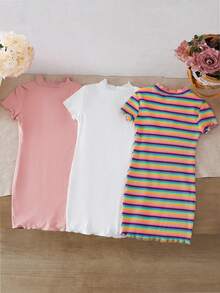 3 Pieces Girls Rainbow Ribbed Pleated Floral Dress Set - White And Pink Solid Colors - Multicolor - View 2