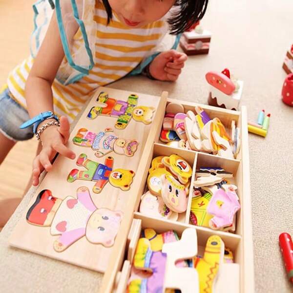 Juguete educativo de madera de rompecabezas con muñeco de oso para que los niños se vistan y cambien de ropa, juego de vestir Montessori, regalo de juguetes para bebés y niños