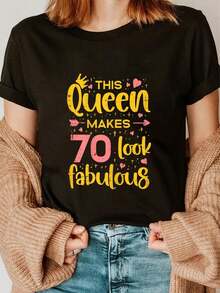 100% Cotton Queen Makes 70 Fabulous Happy 70th Birthday Bday Gift Women T-Shirt Casual Short Sleeve Shirt - 黑色 - 查看 1