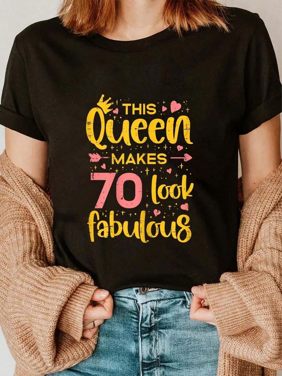 100% Cotton Queen Makes 70 Fabulous Happy 70th Birthday Bday Gift Women T-Shirt Casual Short Sleeve Shirt - 黑色 - 查看 1