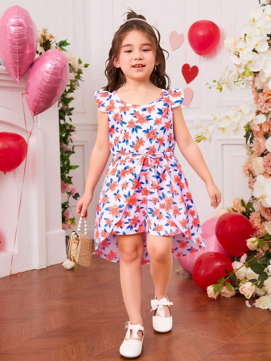 Vestido Infantil de Fiesta con Estampado Floral Multicolor, Mangas con Volantes y Diseño Asimétrico con Cinturón Ajustable – Ideal para Eventos, Cumpleaños y Sesiones de Fotos - Naranja - Ver 1