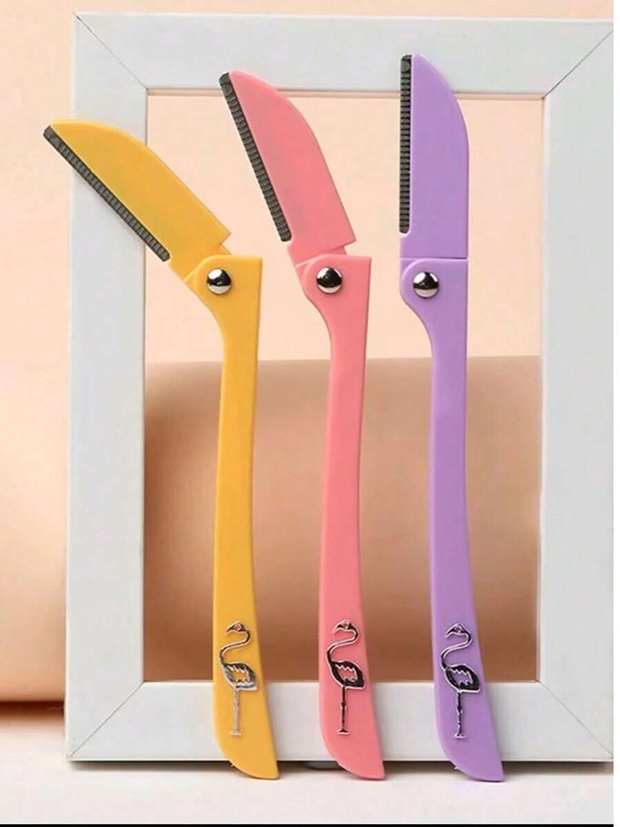 3 件套去角质磨皮工具、体毛脱毛修剪器和面部及眉毛剃须刀套装长柄安全刀片带精密盖女士修眉工具适合旅行使用 - 彩色 - 查看 1