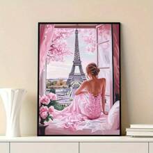 1PC Paris Eiffel Tower Diamond Art Painting Kits Crafts Pink Spring Flowers Dreamy Fantasy Blossom Scenery Pretty Women Embroidery Mosaic Cross Stitch Rhinestone 5D DIY Picture Sets Home Room Bathroom Wall Decor Gift